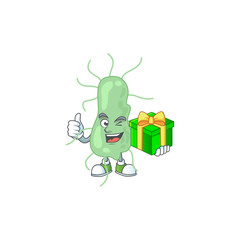 Happy smiley salmonella cartoon mascot design with a gift box