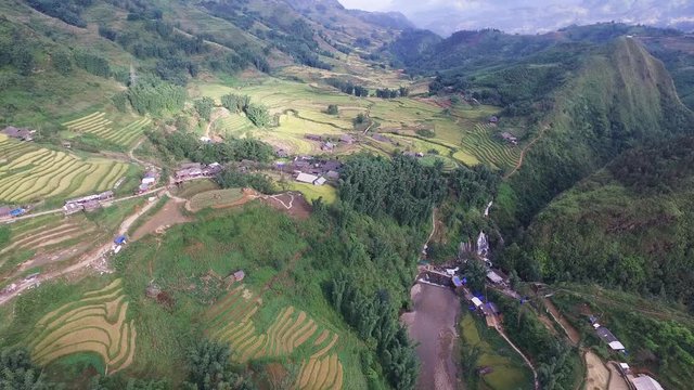 Aerial view of beautiful Cat Cat village in Sapa, Lao Cai, Vietnam