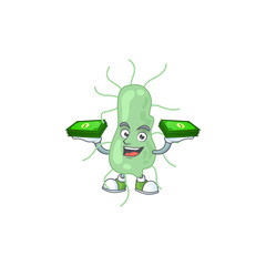 A cheerful salmonella cartoon mascot design having some money on hands