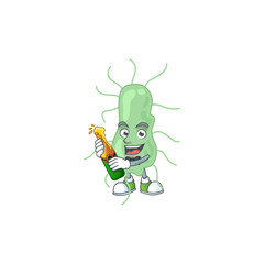Happy face of salmonella cartoon design toast with a bottle of beer
