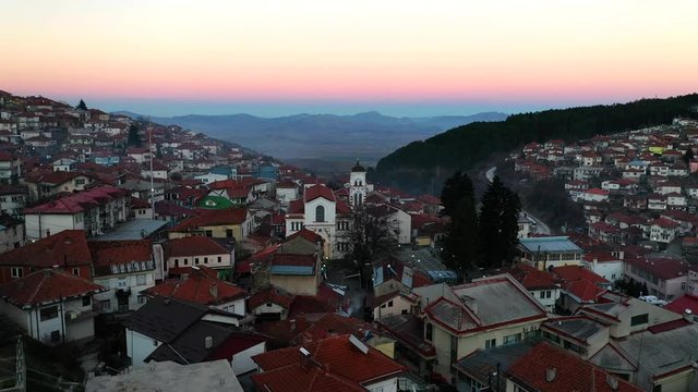 Aerial view of a city Krushevo  at sunset time in cental North Macedonia, Balkans