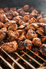Shashlik grilling on grill with live flame
