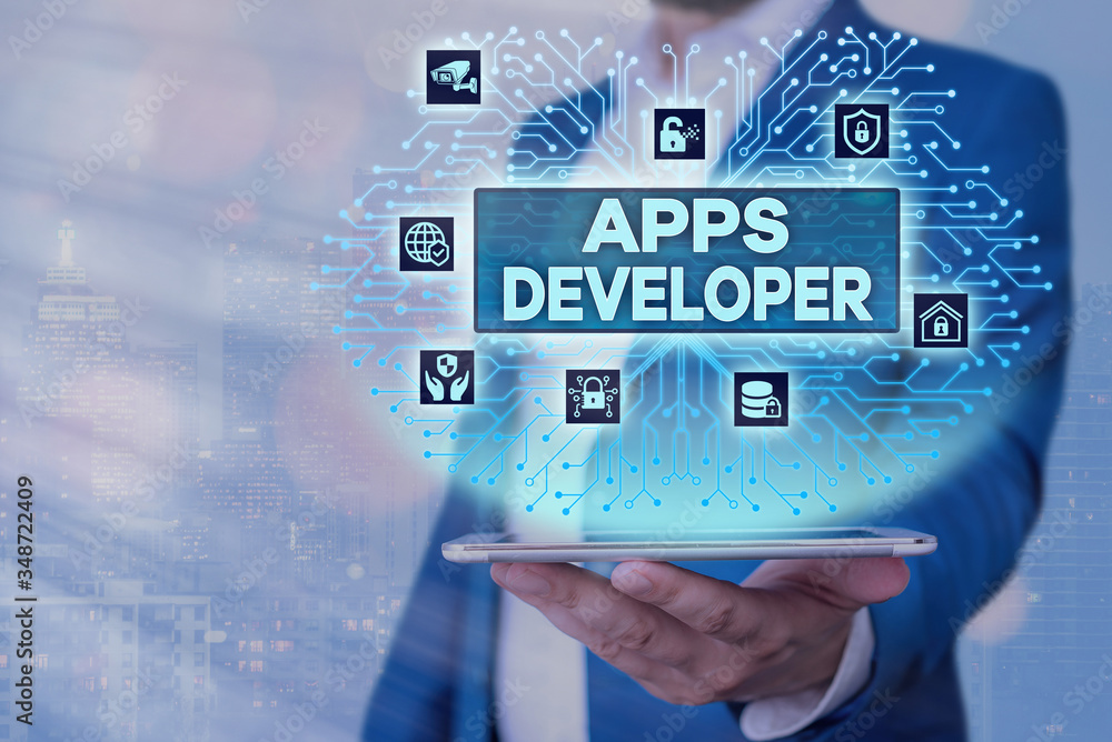 Poster text sign showing apps developer. business photo showcasing graphic artist software programmer and a