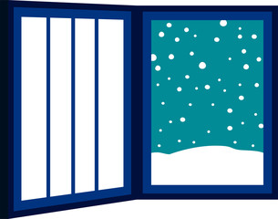 Open window frame with falling snow
