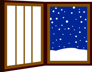 Blue Open window frame with falling snow