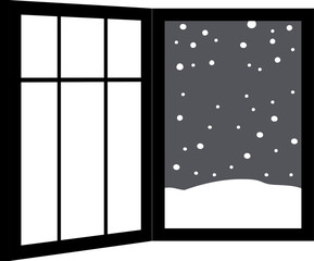Monochrome Open window frame with falling snow