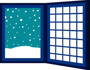 Open window frame with falling snow