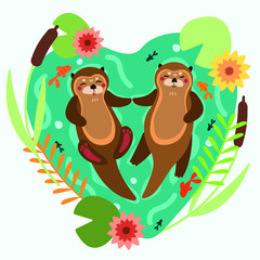 Obraz na płótnie Canvas Two cute otters in love swimming and sleeping on the water surface with lilies and fishes. Cute flat vector illustration.