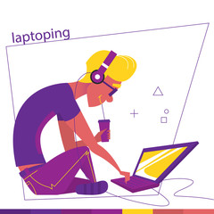 A man is sitting and laptoping. A man and laptop flat design. A sitting character man drinks some beverage. Vector Illustration