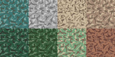 Camouflage army set seamless pattern. Military texture seamless pattern or background. 8 green and brown seamless patterns. Vector Illustration