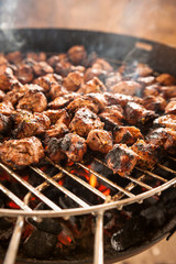 Shashlik grilling on grill with live flame