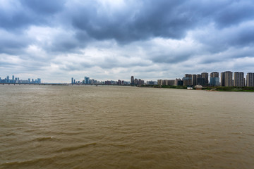 Naklejka premium city skyline of business district downtown in daytime