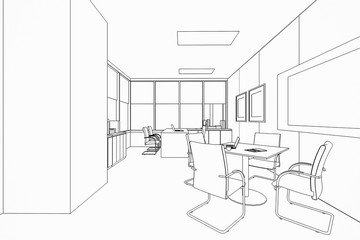 interior outline sketch drawing perspective of a space office