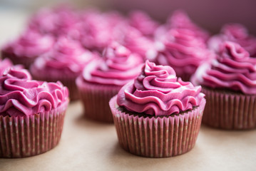 Chocolate cupcakes with raspberry cream on top