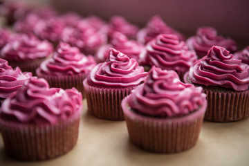 Chocolate cupcakes with raspberry cream on top