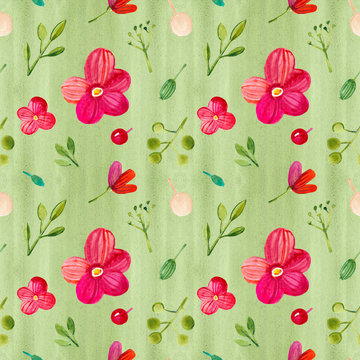 Seamless pattern with flowers and leaves. Made from hand painted watercolor elements.