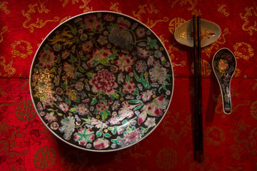 chinese style plate and chopstick. antique ceramic chinese cutlery