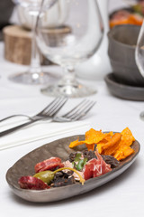 Appetizer plate with salami, meat and fried snacks