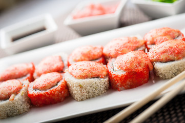 Hot futomaki sushi atami futomaki on a dish