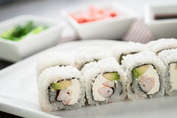 Sushi maki and uramaki rolls with philadelphia