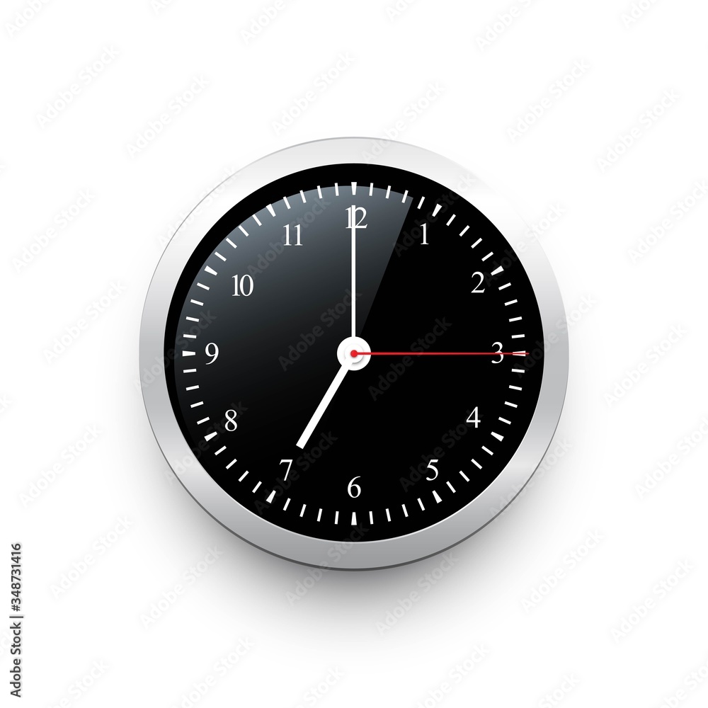Poster black classic clock with silver border. vector black clock template with movable arrows.