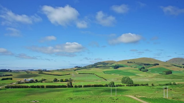 Time-lapse panorama of a farm in Dunedin, New Zealand, rolling clouds and hills 