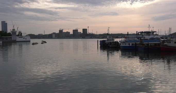 4K Helsinki Baltic Sea Finnish Bay lagoon, yachts, cruise liners view on cloudy summer day video in Finland, northern Europe