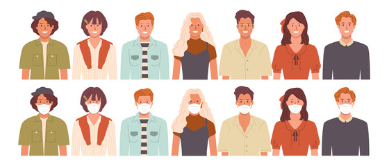 Group of people Smile / Wearing medical masks to prevent air pollution , disease,  contaminated air, flu, coronavirus. Vector illustration