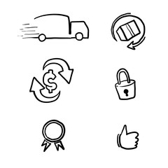 Fototapeta premium hand drawn E-commerce security badges risk-free shopping icons set doodle