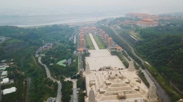 Wide view of the main Buddha sculpture of the Fo Guang Shan Buddha memorial center Kaohsiung (aerial photography)