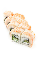 Sushi maki rolls with cooked prawns on top