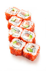 Sushi maki rolls with masago caviar around them