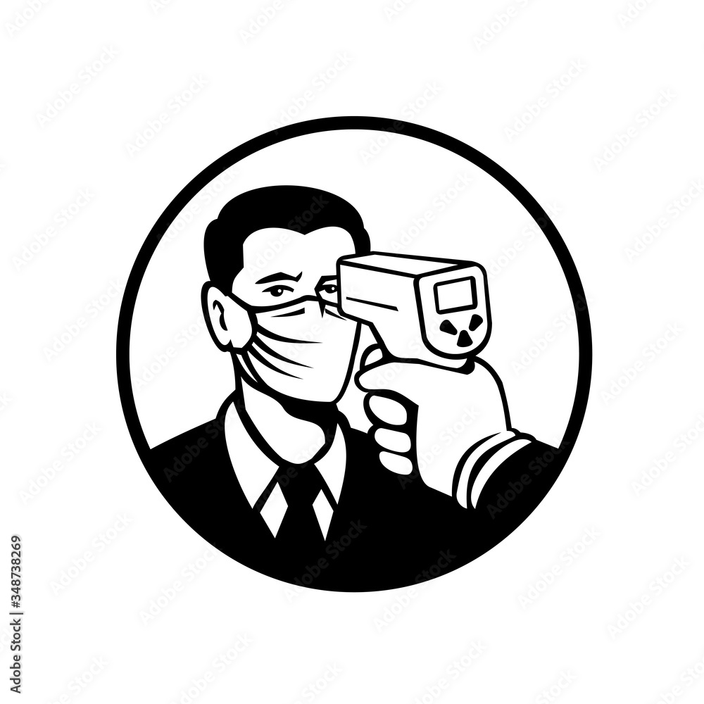 Poster retro style illustration of a man wearing mask being screened using a non contact forehead infrared 
