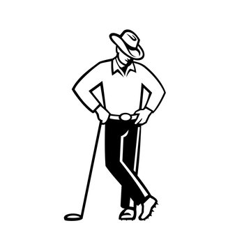 Illustration of a cowboy golfer wearing a hat leaning on golf club viewed from front on isolated background done in black and white in retro style.