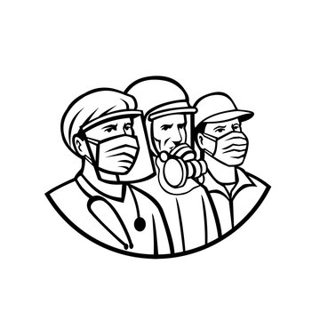 Mascot icon illustration of medical professional, nurse, doctor, healthcare, soldier or essential worker wearing surgical mask as heroes in black and white retro style.