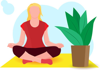 Obraz na płótnie Canvas Woman meditating at home during quarantine time. Concept illustration for yoga, meditation, relax, recreation, healthy lifestyle. Vector illustration in flat cartoon style.