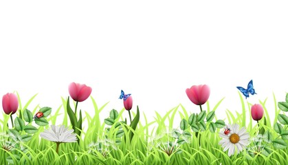 3d realistic vector fantasy beautiful green floral isolated background. With green loan grass and pink tulips with camomile and butterflies and ladybugs. Perfect template for your design concept.