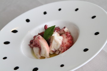 piatto con polipo fresco marinato, servito in un ristorante 