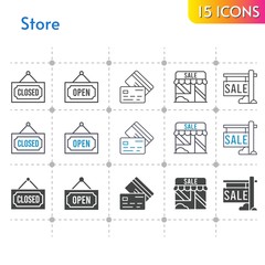 store icon set. included sale, shop, closed, credit card, open icons on white background. linear, bicolor, filled styles.