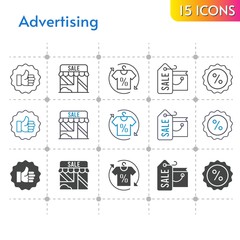 advertising icon set. included shopping bag, shop, shirt, like, discount icons on white background. linear, bicolor, filled styles.