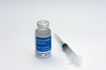 Concept of vaccine for coronavirus and syringe injection on a white background.