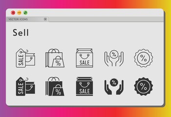 sell icon set. included shopping bag, discount icons on white background. linear, filled styles.