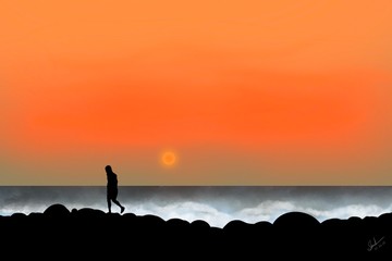 Rocky beach side sunset illustration 