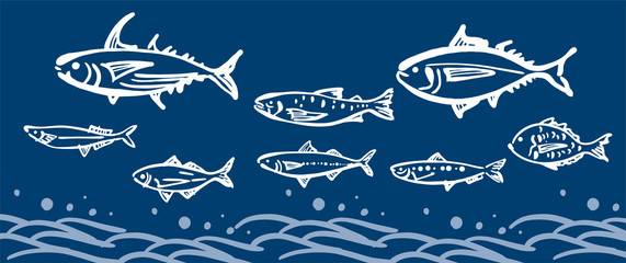 Fototapeta premium 海、波、魚、水、大漁、大漁旗、筆、活気、寿司、海鮮、居酒屋、市場、書道、和風、和柄、日本、日本画、背景、イラスト、ベクター、パターン、テクスチャ、グラフィック、バックグラウンド、模様、和、風景、墨、大波、波しぶき、手書き、素材、新鮮、海産物、和風イメージ、和食、浮世絵、波柄、書、墨絵、文様、ウェーブ、波模様、漁、マグロ、鯛、カツオ、さんま、アジ、セット