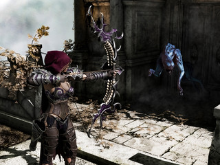 Alone against beast, last bow arrow, life or death. Horror scene, woman with bow aims at a demon. 3d illustration.