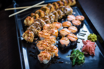 Hot Sushi set with various maki and uramaki sushi