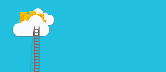 stacks of golden money coins in the cloud on blue background with staircase ,wealthy and successful financial investment,illustration flat design concept