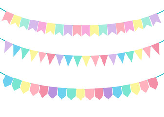 Part decorating concept with pastel pennants hanging above. Vector illustration with copy space for your text. Greeting or Party invitation with carnival flag garlands.