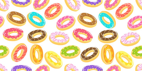 Donuts seamless pattern background. All kinds of donuts. Multicolor cream. Delicious dessert. Vector illustration.