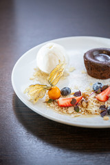 Chocolate fondant with vanilla ice cream, almond